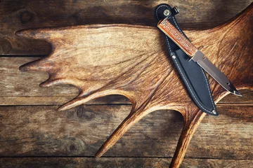 Papier Peint photo Lavable Chasser Bois d& 39 orignal avec couteaux de chasse sur fond de bois