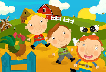 Obraz na płótnie Canvas Cartoon happy and funny traditional farm scene - couple villagers going through the farm - illustration for children