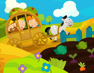 Cartoon scene of people traveling in traditional way - carriage and horse - medieval scene - illustration for the children
