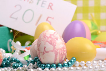 Easter setting with gift box and spring decoration