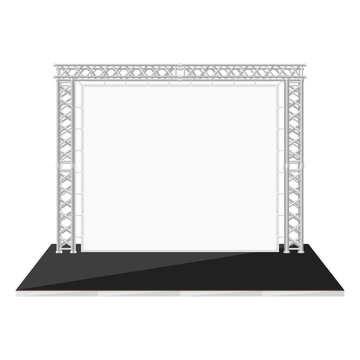 black color flat style low stage with banner on metal truss.