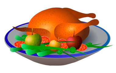 Fried chicken with vegetables and apples.