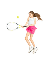 Obraz na płótnie Canvas Isolated photo of cute girl jumping and beating tennis ball