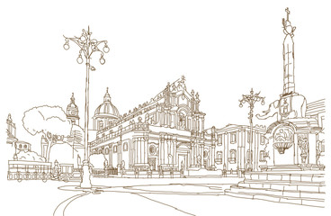 Sketch of Catania's main square - obrazy, fototapety, plakaty