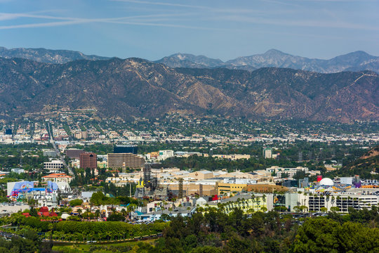 View of distant mountains and Universal City from the University