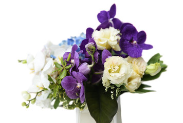 Naklejka premium bouquet with purple orchids, roses, Hydrangea flower