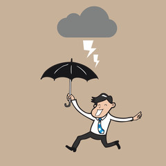 Businessman holding umbrella running in strom