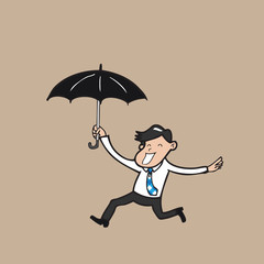 Businessman holding umbrella running