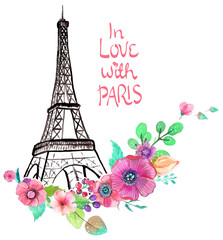 Fototapeta na wymiar Eiffel tower with watercolor flowers