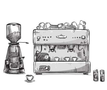 Set coffee making equipment. Coffeemaker and grinder