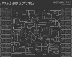 Economics and finance infographic. Investment projects. Banks. E