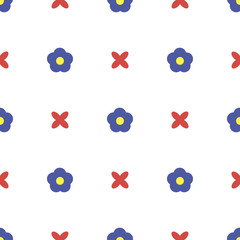 Seamless pattern with red and blue flowers on white background