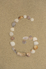 Fototapeta na wymiar Buchstabe G aus Muscheln im Sand
