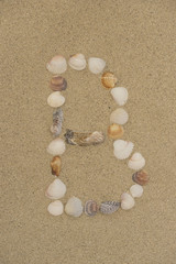 Fototapeta na wymiar Buchstabe B aus Muscheln im Sand