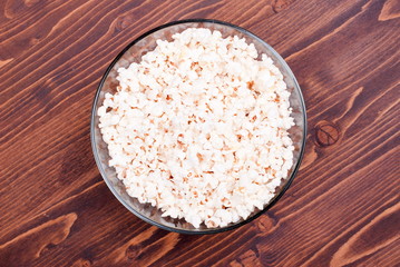 popcorn in a bowl on the table top view