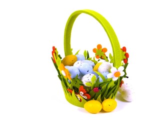 A felt basket with Easter eggs in pastel colors