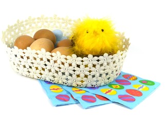 A basket with chicken eggs and an Easter chick