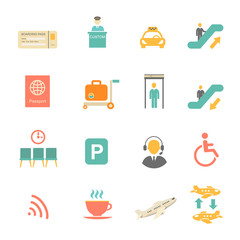 Airport icons flat set with baggage check airplane security