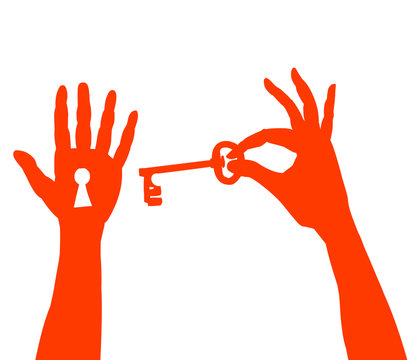 Two vector hands with key and keyhole, concept