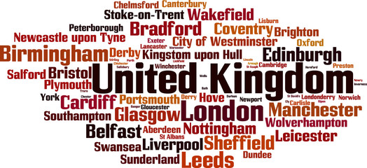 Cities in United Kingdom word cloud concept. Vector illustration