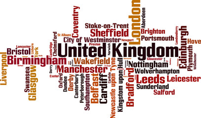 Cities in United Kingdom word cloud concept. Vector illustration