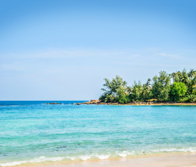 Palm tree forest, beach and mountains. Thailand.
