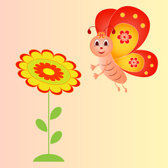 Yellow Flower and Red Butterfly on Pink Background