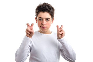 Hispanic smooth-skinned teen bend fingers raising hands as quote