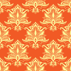 Orange indian paisley stylized floral seamless pattern