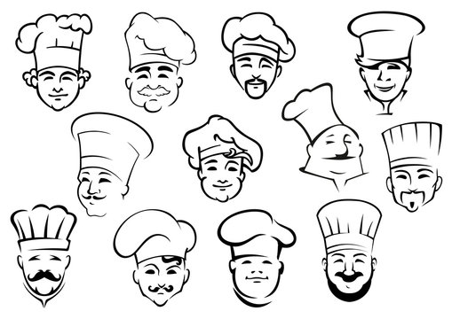 Multiethnic sketches of chefs characters in toques