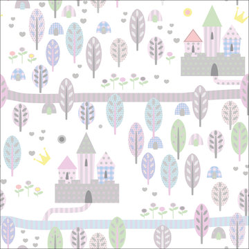 Seamless pattern with fairytale castle in the woods. wallpaper.
