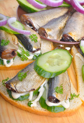 Sandwich with sprats and green cucumber