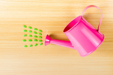 Green seed with pink garden watering can on wooden board