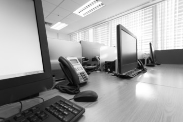 table work in office with telephone and computer pc