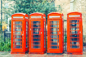 British red telephone boxes vintage filter applied