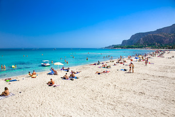Fototapeta na wymiar Mondello white sand beach in Palermo, Sicily. Italy.