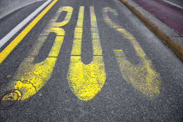 City bus transport lane sign on the asphalt road