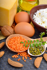 Protein food : eggs, almonds, lentils, cheese, walnut, and curd