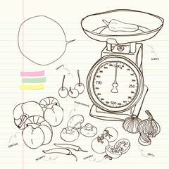 Naklejka premium kitchen scale and vegetables