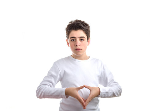 Reverse Hand Steeple Gesture By Hispanic Smooth-skinned Teen