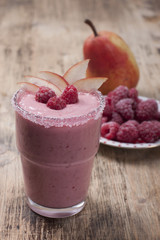 Fruit - berry smoothies with  pear and raspberries  with yogurt