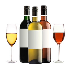 bottles of red, pink and white wine and wineglasses isolated on