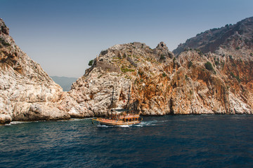 Walk on a beautiful yacht in Mediterranean sea, Alanya.