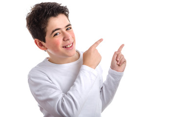 smooth-skinned Caucasian boy double pointing up to his left with