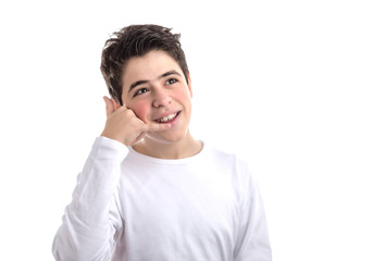 Smooth-skinned Caucasian Boy making a phone call gesture with ri