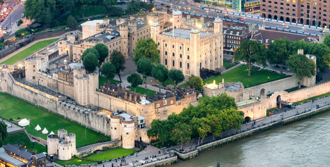 Fototapeta na wymiar The Tower of London at dusk, aerial view