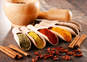Variety of spices on kitchen table