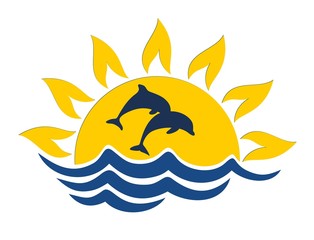 Logo with dolphins against a decline.