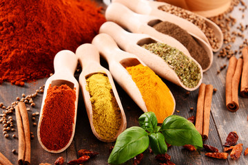 Variety of spices on kitchen table
