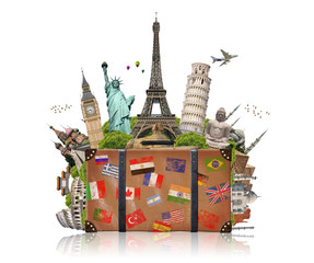 illustration of a suitcase full of famous monument